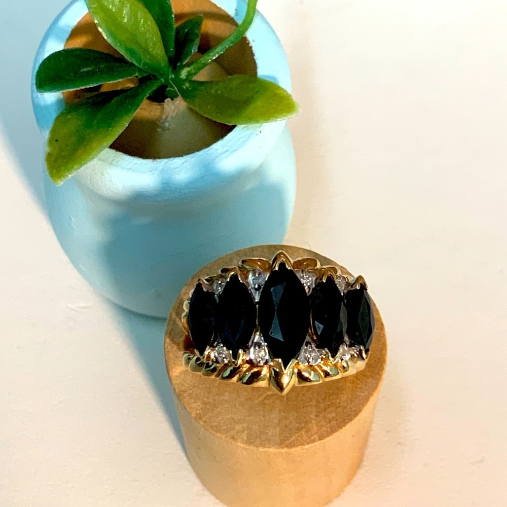 Black tourmaline diamond gold ring